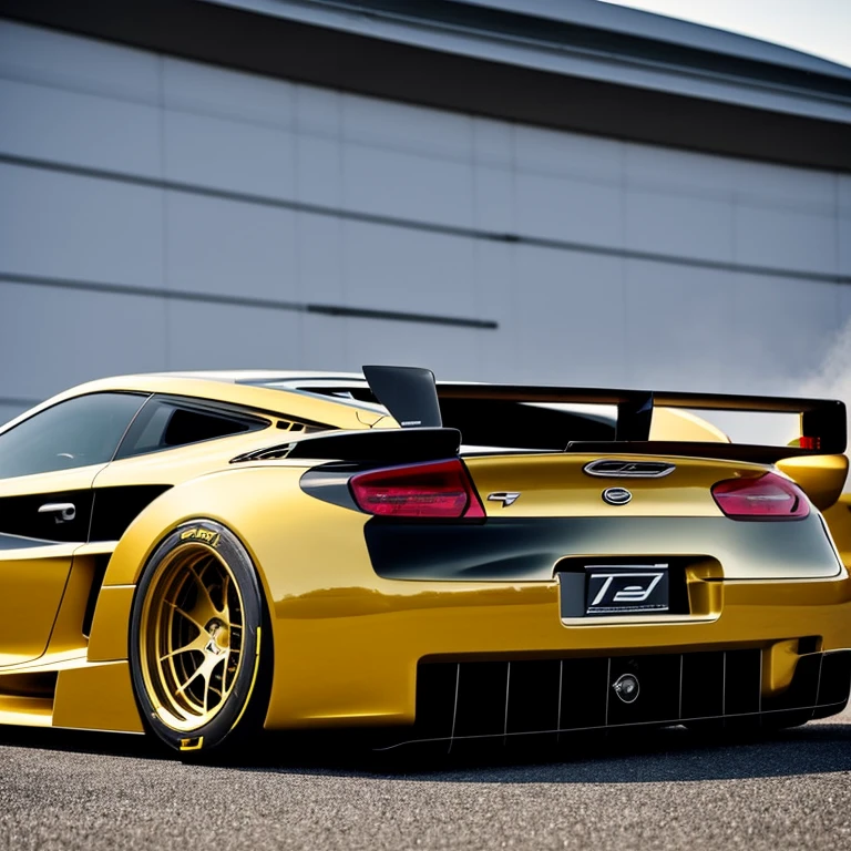 a car, perfect aerodynamics, turbo, customized exhaust, lowered, alloy wheels, gold, on a racetrack
