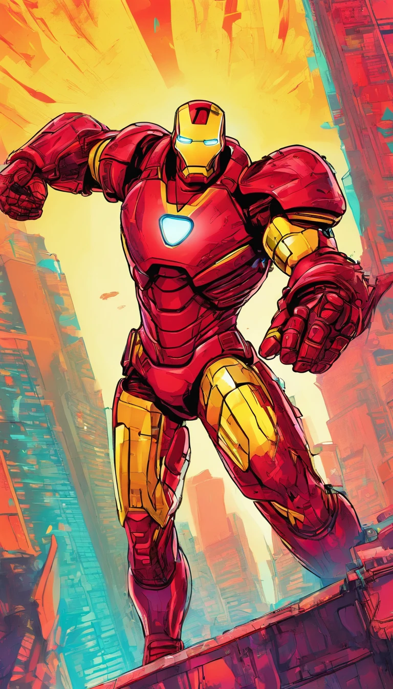 Iron Man with his state-of-the-art red armor with his jet thrusters flying through New York City