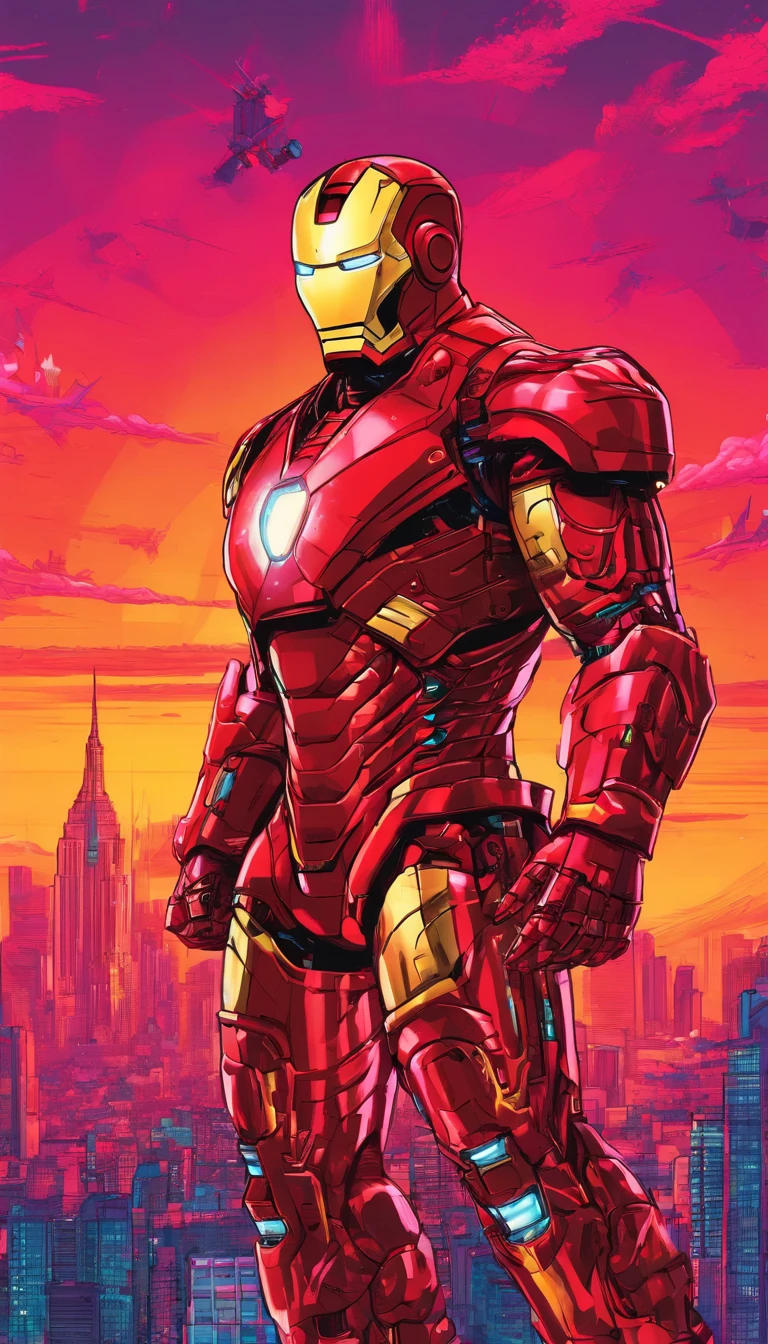 Iron Man with his state-of-the-art red armor with his jet thrusters flying through New York City 