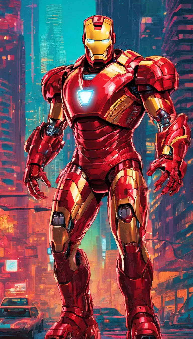 Iron Man with his state-of-the-art red armor with his jet thrusters flying through New York City 
