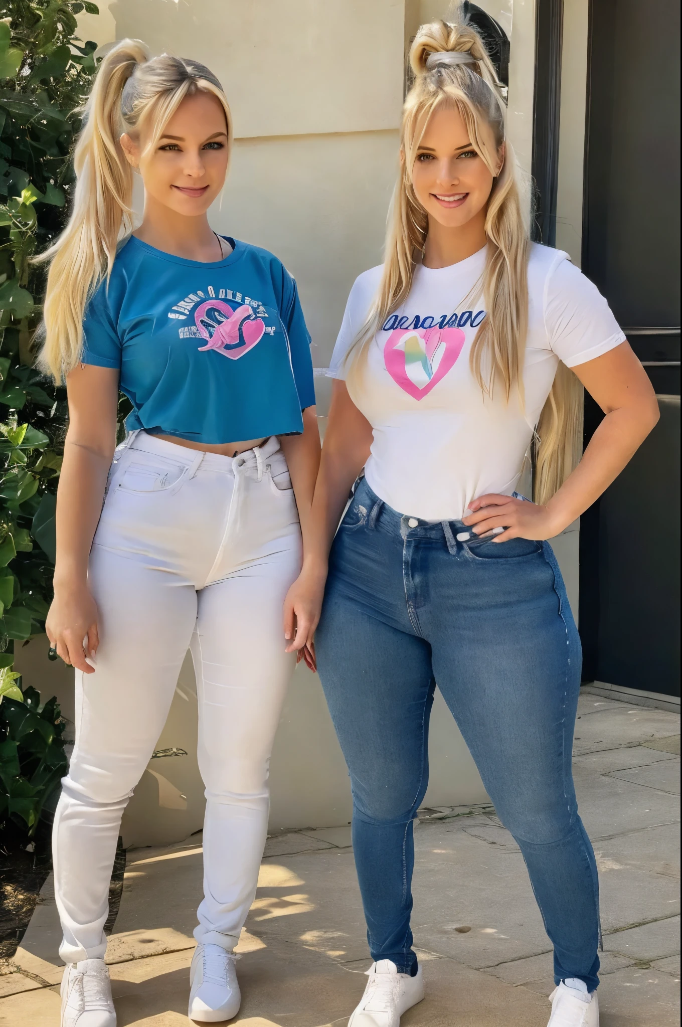white girl wearing blue jeans. She's wearing a white baby tee shirt. She has wide hips and narrow waist. Jeans are very tight. She has an ((ENORMOUS BUTT)). She's wearing pink sneakers with white cotton socks. She has several friendship bracelets on her wrists. She has blonde hair in a ponytail with wispy bangs framing her face. She's smiling. She has a . The shirt does not have writing or logo on it. ((REALISTIC))