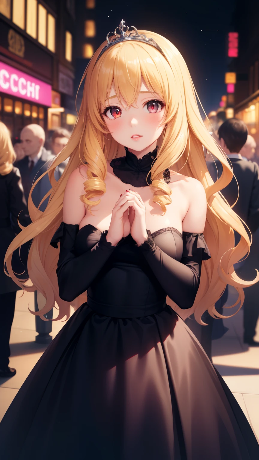 masterpiece, best quality, 1girl, very curly hair, blonde hair, shiny hair, tiara, diadem, medium breasts, glossy lips, good lighting, latifa fleuranza, black funeral dress, high neckline, own hands together, lips parted, city street, neon lights, night, crowd, standing,