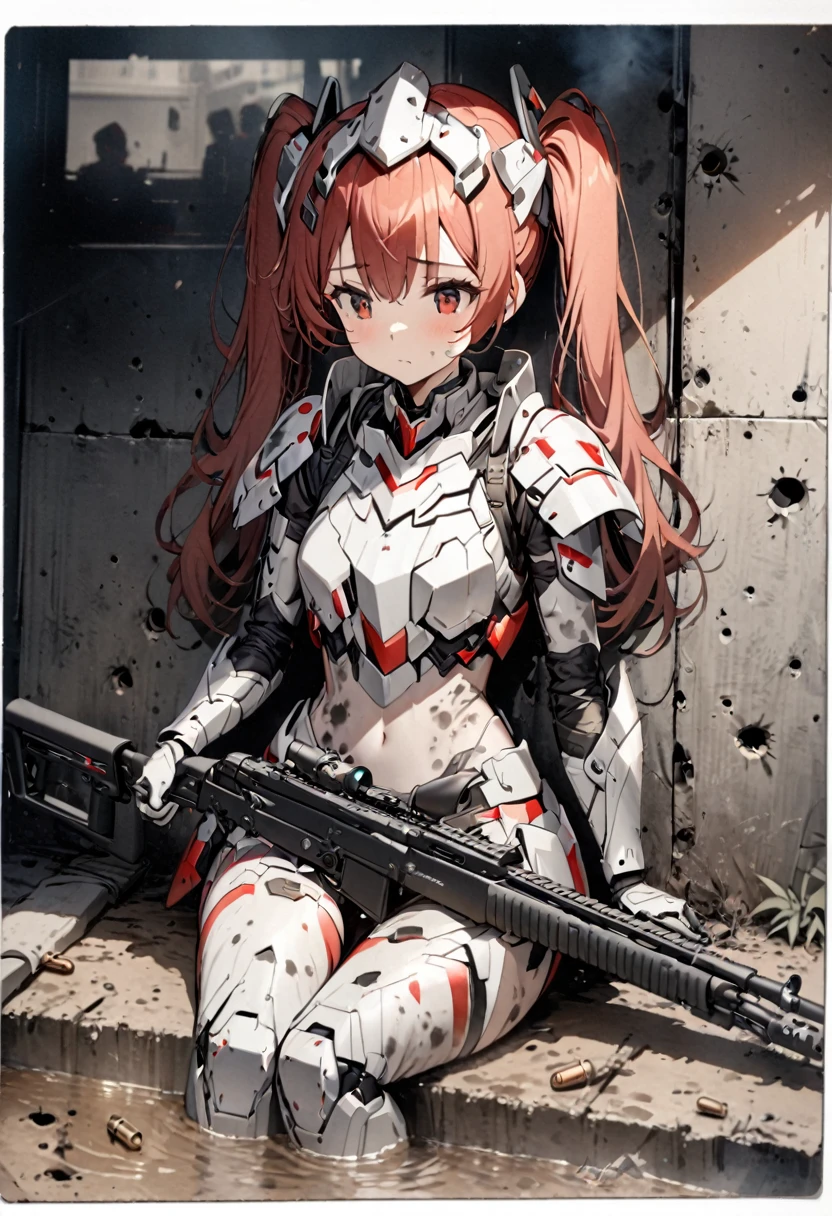 High quality, high definition, hig
h precision images,8k 1Girl Robot Girl、red hair,Twin tails,Red eyes、 ,( white and gray camouflage clothing ),,she wearing flashy robot armor.Holding a urban camouflage long range rifle,Sitting and sleeping in the shadow of a building,Covered in mud, armor scratches, and bullet holes.