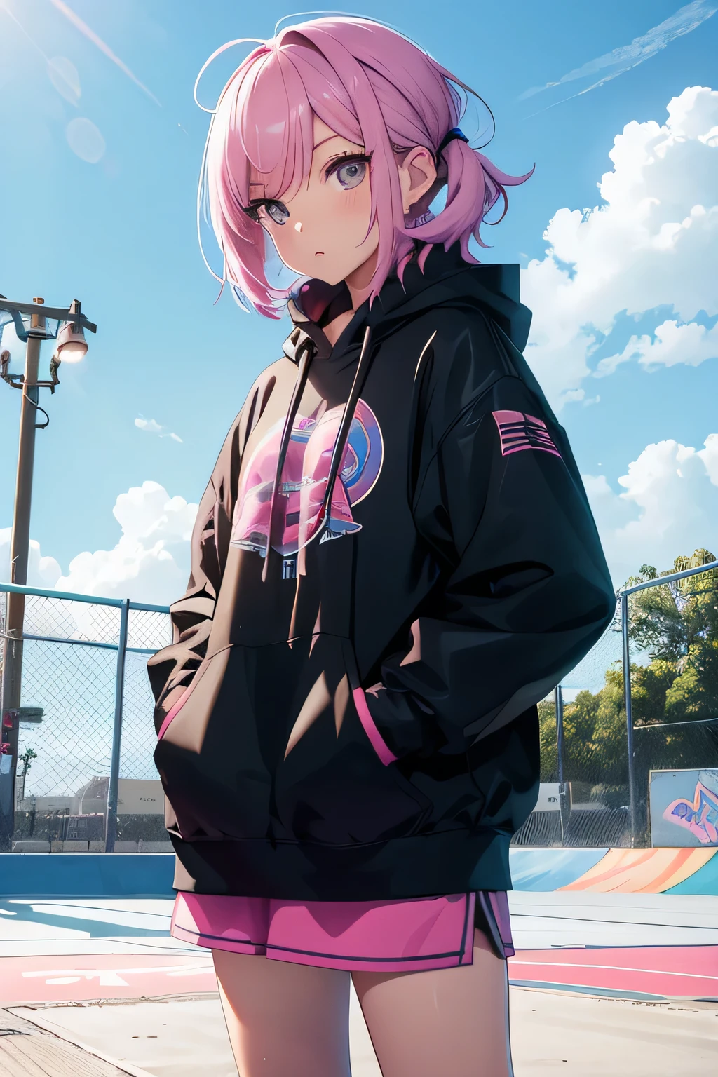 animated girl in a skate Park, skateboarding, girl wearing sexy street clothes, sexy girl, rainbow hairs, seductive animated girl, sexy, best rated on pixiv, Tendances sur ArtStation pixiv, Anya de la famille Spy X, avec un miroir, female character'anime, du jeu vidéo Azur Lane, les gars, (animated girl), style voie d'azur