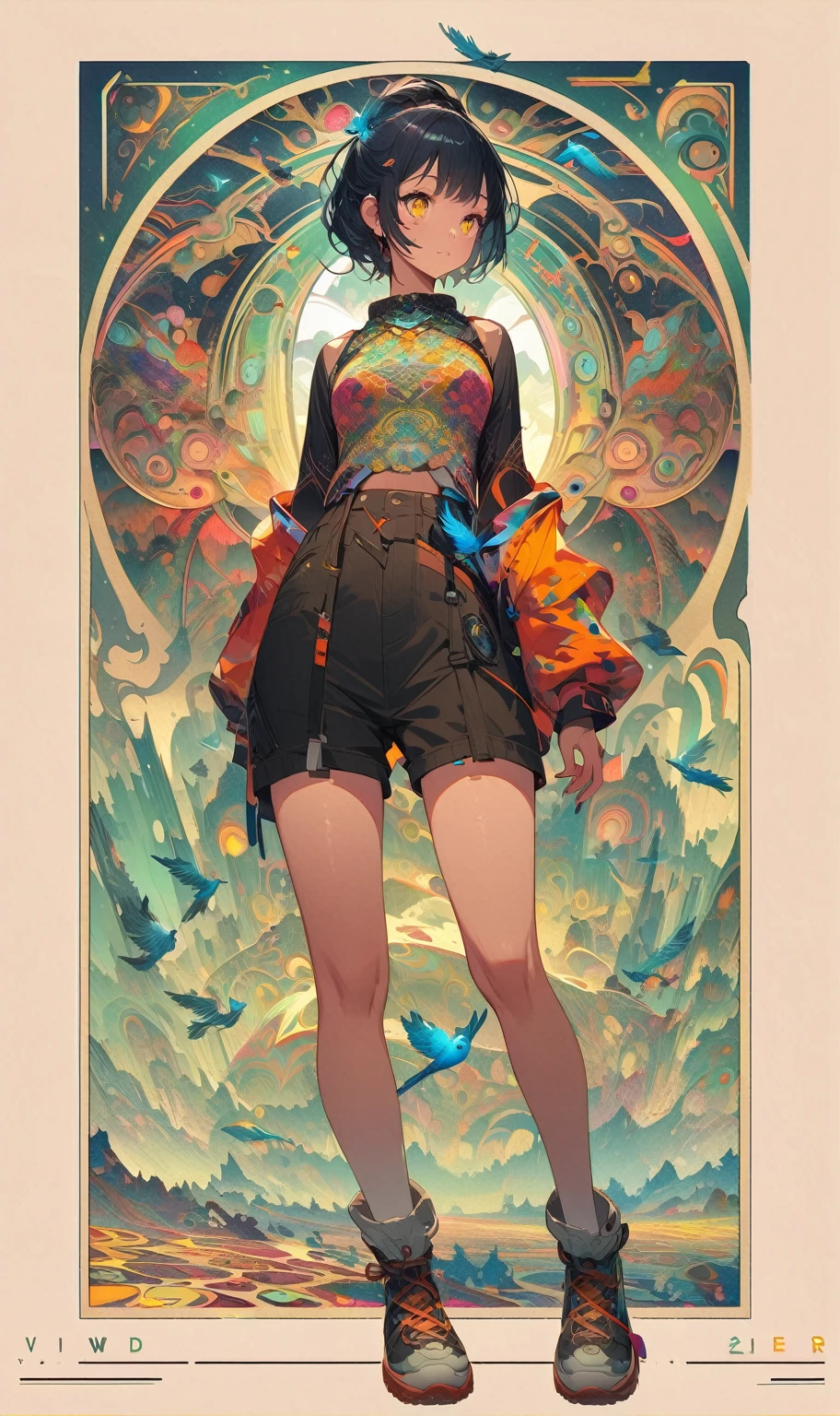 (high-res, vivid colors), blue bird alien, detailed feathers, sparkling eyes, alien landscape, vibrant colors, surreal atmosphere, glowing lights, otherworldly features, intricate patterns, dreamlike scenery