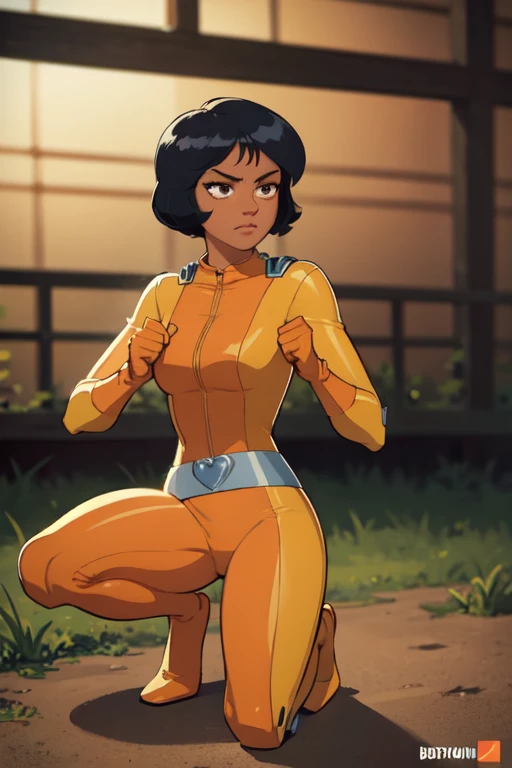  high colours, no blur,   masterpiece, best quality, ultra-detailed, illustration, 1girl, alex \(totally spies\), black hair, short hair, brown eyes, yellow bodysuit, belt, serious, one knee, farm 