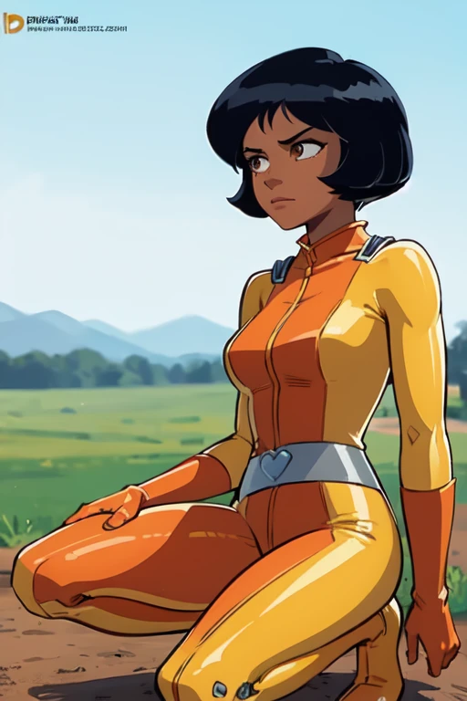  high colours, no blur,   masterpiece, best quality, ultra-detailed, illustration, 1girl, alex \(totally spies\), black hair, short hair, brown eyes, yellow bodysuit, belt, serious, one knee, farm 