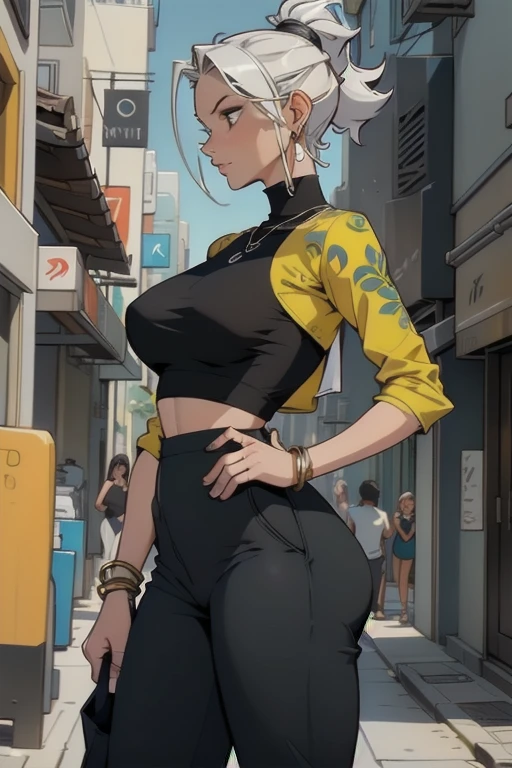 invent urban street city scene full of air conditioning , mascara, Lips are smooth or colored, fundo preto simples, Minimalismo, monotonous, paletas de cores simples, limpar,olhos azuis,  desenhos afiados, silhuetas fluidas, skirts and tight pants, high-waisted skirts and pants, vestidos simples, camisas e blusas, asymmetric, Geometric, Materiais e designs elegantes e luxuosos, simples, minimal accessories, Fine silver or gold necklaces and rings,fundo de cidade rua cheio dr maquimas de ar condicionado  simples bangles, Designs diferenciados, silhuetas simples, estilo simples e sofisticado, elegance, Minimalismo, materiais de alta qualidade, cool and urban print, alta moda, simplicity and sophistication, Sozinho, 1 garota, seios grandes, coxas grossas, cintura fina, seios suados, Massive giant breasts