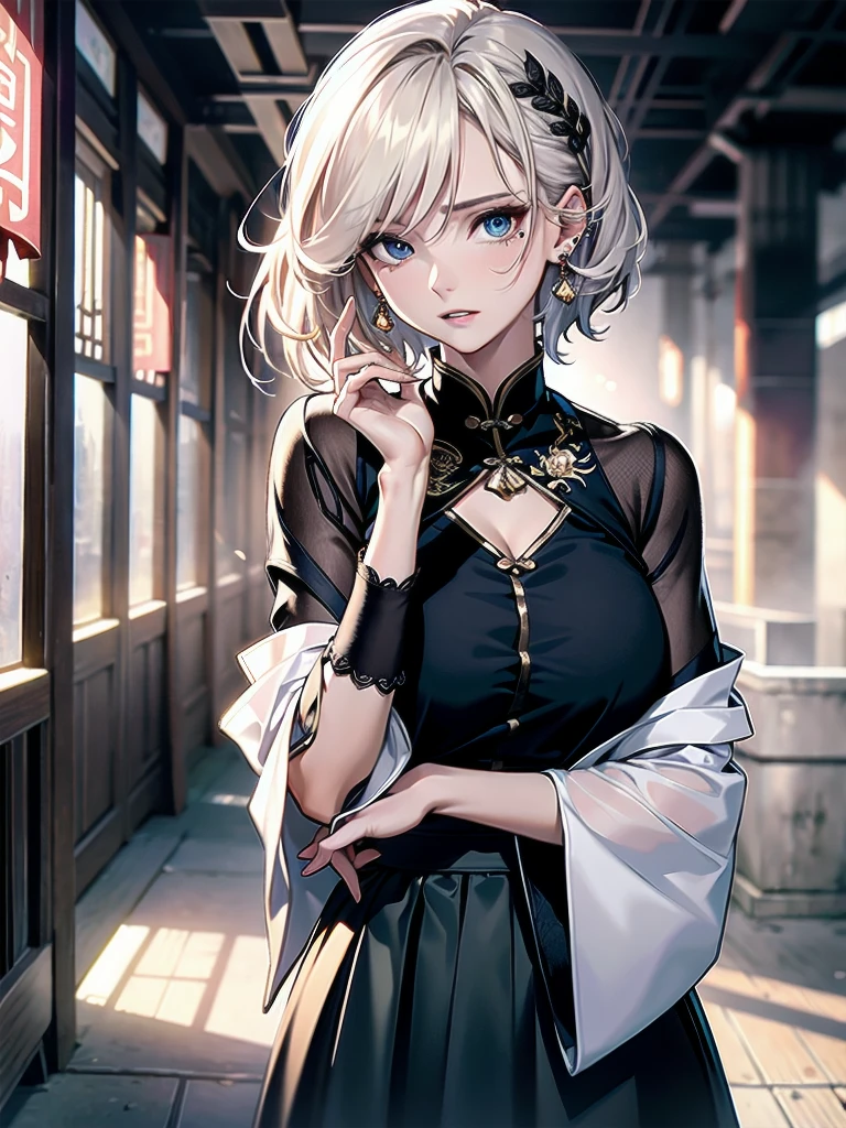 absurdres, RAW photo, extremely delicate and beautiful, masterpiece, Best Quality, ultra high resolution, 32k, hyperrealistic, ultra-detailed, detailed description, pale skin, 20 years old, detailed beautiful face and eyes, tearful mole, earring, very huge round breasts, short medium hair, wavy hair, full body shot, jewelry, skirt, hair adornments, Chinese clothes, sheer transparent clothes, 