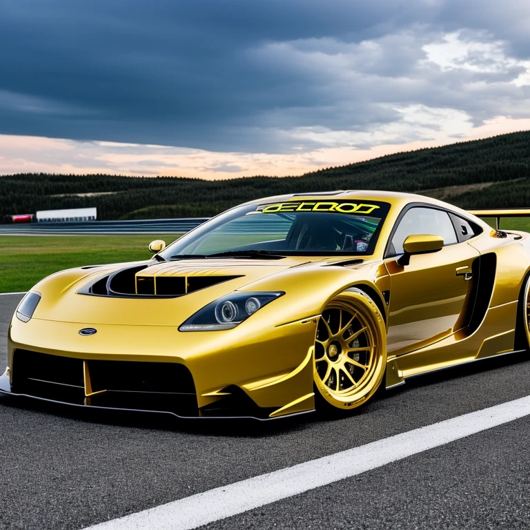 a car, perfect aerodynamics, turbo, customized exhaust, lowered, alloy wheels, gold, on a racetrack