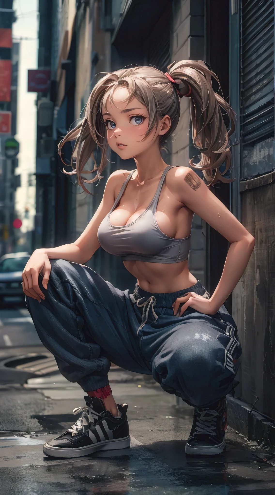 A striking 3D render of an attractive and sexy anime woman, showcasing her voluptuous, slender, and busty figure. Her long, wavy hair is styled in high ponytails, and she has a band-aid on her nose, a bruised eye, and cut lips. She is dressed in a singlet, sweatpants, and sneakers, reflecting her sweaty and annoyed state. The anime illustration captures her squatting by a back alley downtown, exuding an air of defiance and resilience. The environment is urban and slightly gritty, with a mix of modern and vintage styles., anime, 3d render, illustration