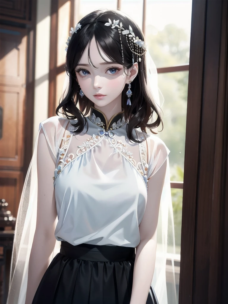 absurdres, RAW photo, extremely delicate and beautiful, masterpiece, Best Quality, ultra high resolution, 32k, hyperrealistic, ultra-detailed, detailed description, pale skin, 20 years old, detailed beautiful face and eyes, tearful mole, earring, very huge round breasts, short medium hair, wavy hair, full body shot, jewelry, skirt, hair adornments, Chinese clothes, sheer transparent clothes,