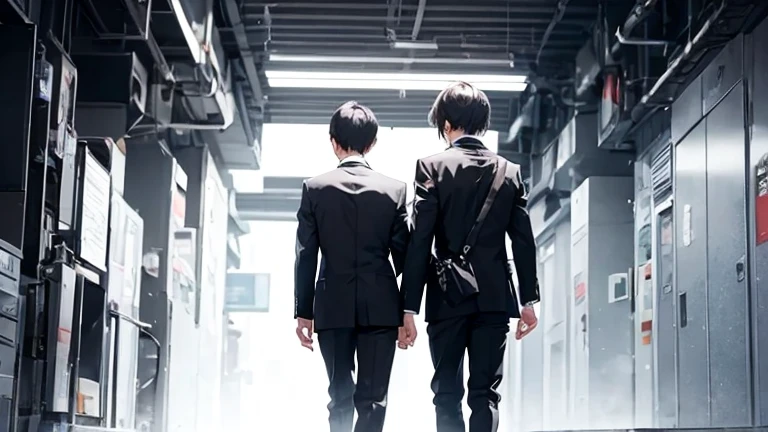 A VIP walking while being held by two SPs、Shot from behind