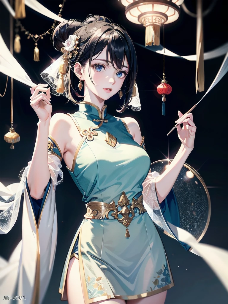 absurdres, RAW photo, extremely delicate and beautiful, masterpiece, Best Quality, ultra high resolution, 32k, hyperrealistic, ultra-detailed, detailed description, pale skin, 20 years old, detailed beautiful face and eyes, tearful mole, earring, very huge round breasts, short medium hair, wavy hair, full body shot, jewelry, skirt, hair adornments, Chinese clothes, sheer transparent clothes, 