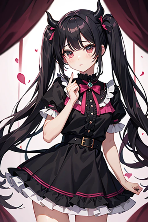 highest quality, masterpiece,cute,devil,Pink blouse,Frills,Twin tails,Black Skirt,Black Hair,Mine system