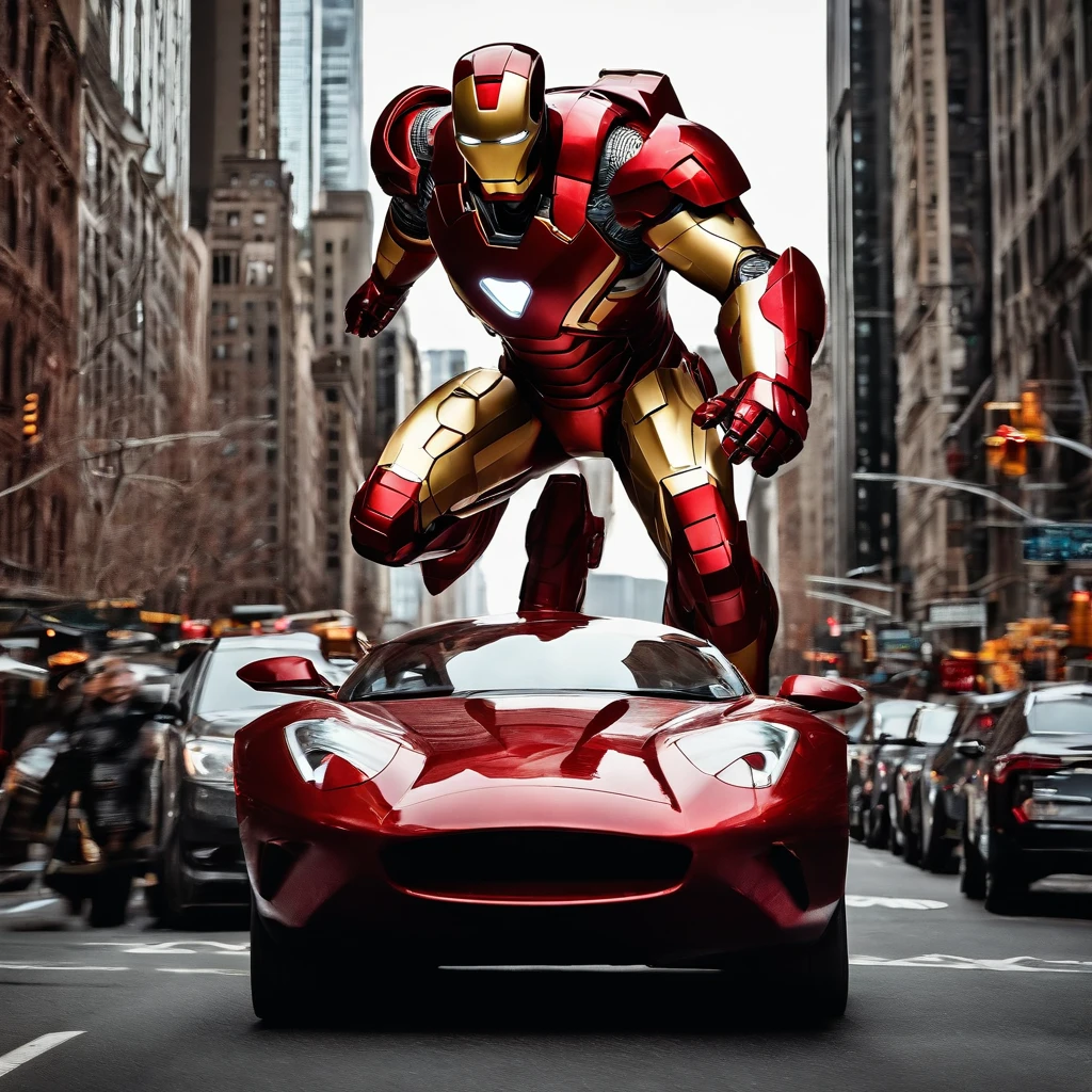 Iron Man with his state-of-the-art red armor with his jet thrusters flying through New York City