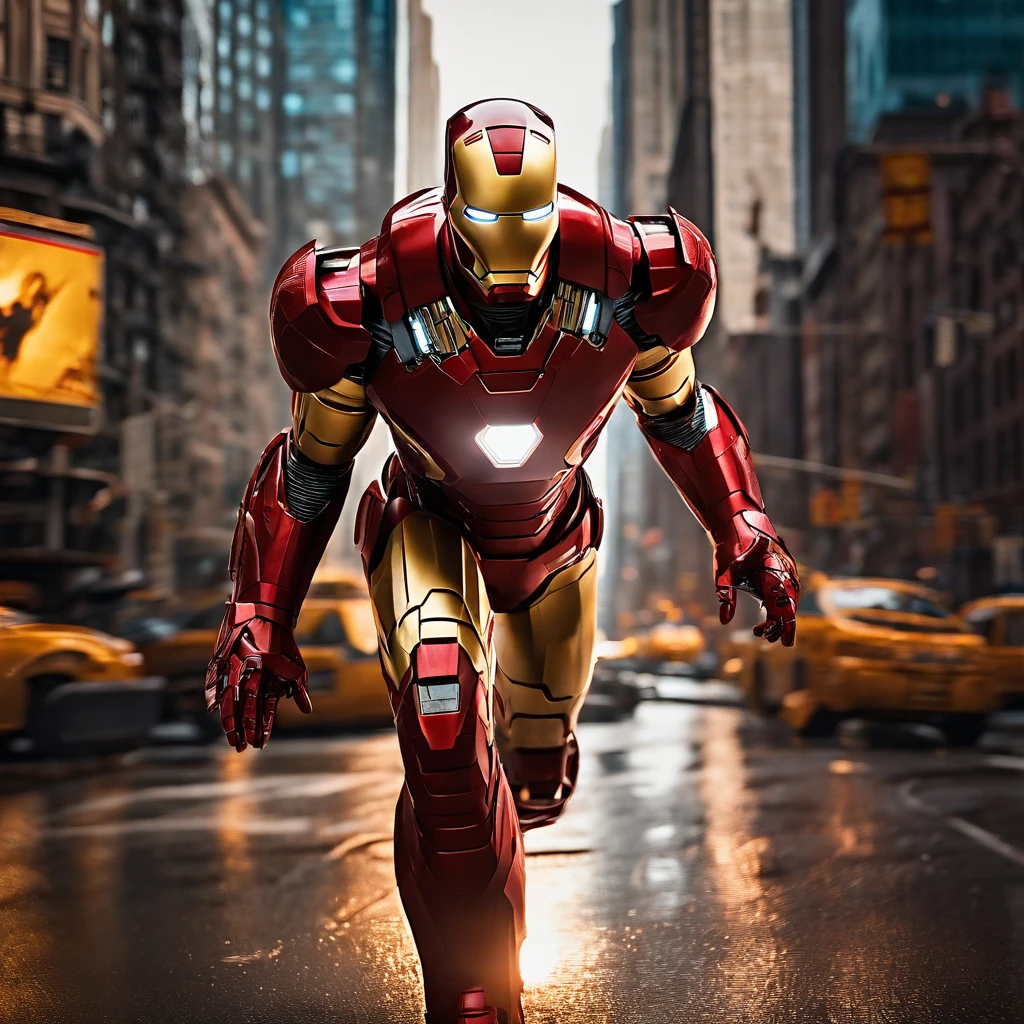 Iron Man with his state-of-the-art red armor with his jet thrusters flying through New York City 