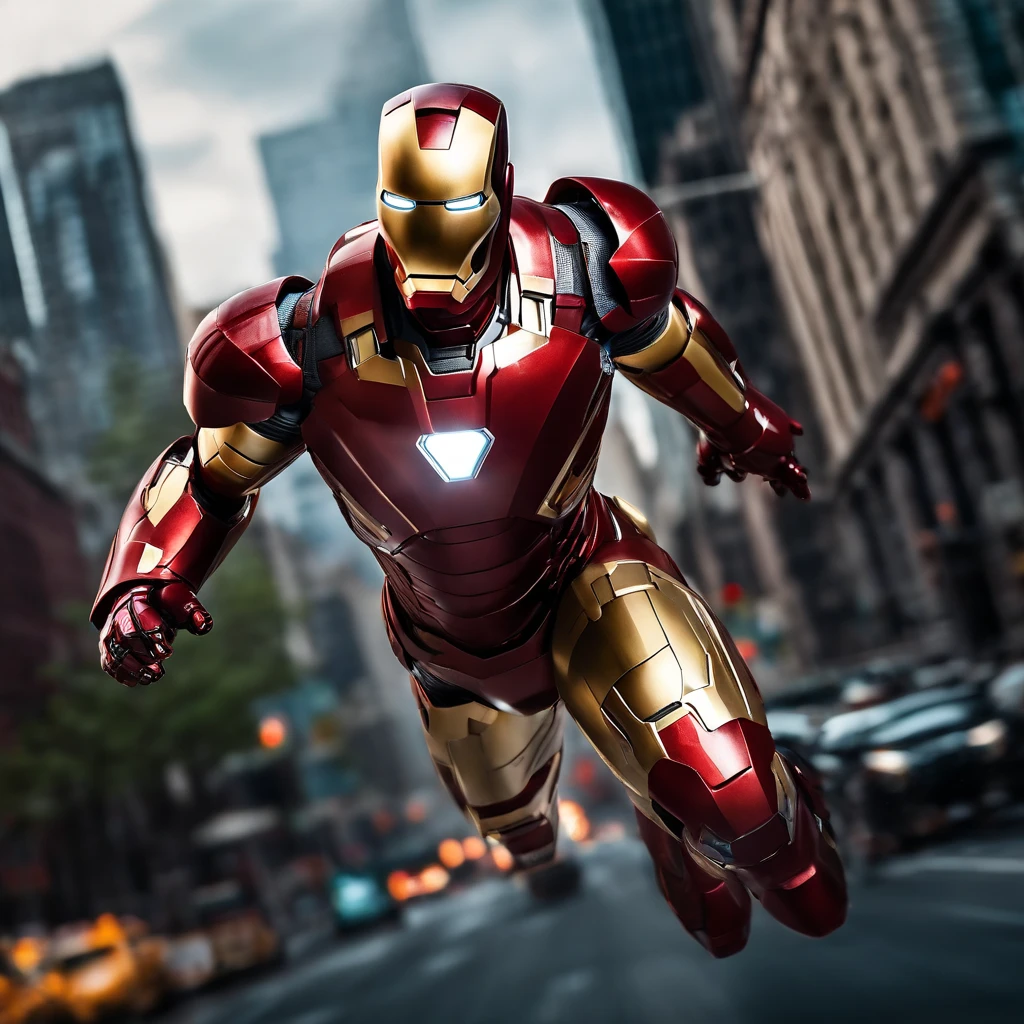 Iron Man with his state-of-the-art red armor with his jet thrusters flying through New York City 