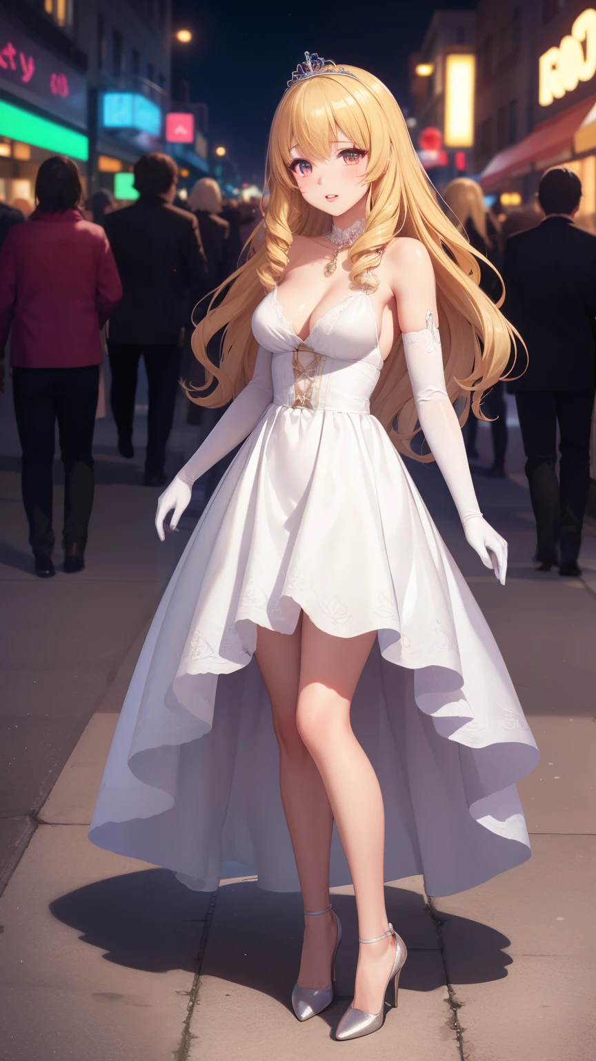 masterpiece, best quality, 1girl, very curly hair, blonde hair, shiny hair, tiara, diadem, medium breasts, glossy lips, good lighting, latifa fleuranza, dress, elbow gloves, lips parted, city street, neon lights, night, crowd, standing, high heels