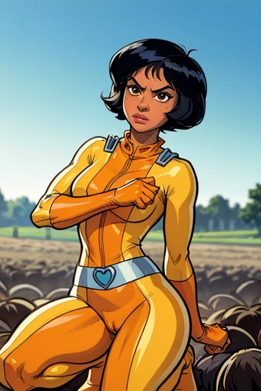  high colours, no blur,   masterpiece, best quality, ultra-detailed, illustration, 1girl, alex \(totally spies\), black hair, short hair, brown eyes, yellow bodysuit, belt, cameltoe, serious, one knee, farm 