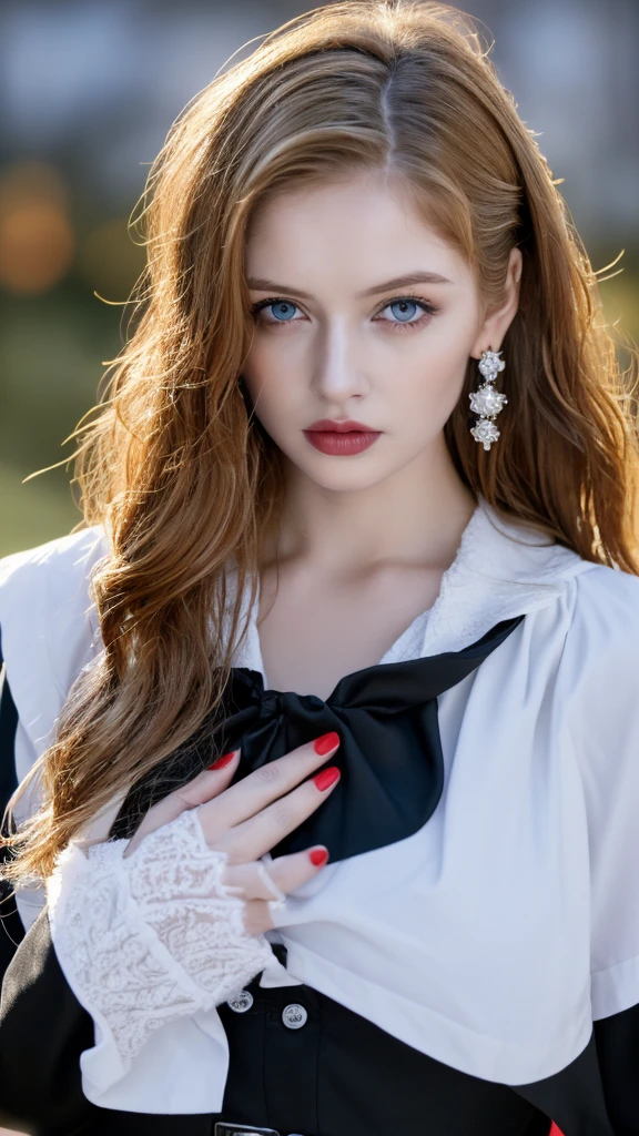 1 miniature Beautiful beautiful woman - Yuan Sayuki, ((top quality, 8K, Masterpiece:1.retty woman, 1 woman, huge breasts:1.3, a slim body:1.1, lush GINGER long hair with 2 buns, (shower, wet body, wet clothes:1.1), very detailed face, detailed lips, detailed eyes, double eyelids, Detailed blue eyes, чрезвычайно Detailed Outstanding Blue Eyes, long GINGER wet hair, GINGER wet hair, Detailed Outstanding Blue Eyes, innocent look at the viewer, very wet wavy RED hair, Detailed Outstanding Blue Eyes, huge cross earrings, Outdoors, badges behind, gothic maid uniform,  sexy maid dress, bare chest, huge chest tattoo, detailed huge catholic cross earrings, chest tattoo, Outside, wear a silver cross (Detailed cross shape), reality mode, wet breasts, black necklace, human crowd behind, black latex gloves, hair of white RED colour, night time, red neon lights, demonic nun, nimbus (golden lighting ring above her head), angel, snowy weather, sexy pose, white lingerie, black maid dress, detailed flower wreath made of different colours, open chest