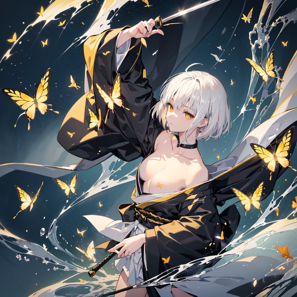 ((high resolution　White Hair　Short Hair　Black kimono　Black band　Military commander　Lonely　despair))　((Yellow butterfly　night　Japanese style　Shoulder　old　Shining Aura　garden　water surface))　(Dance　Blade of Darkness　Holding a sword　Slashing)　moon　star　Draw your sword　Slashing　Catch the wind　