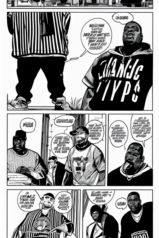 (comic), los raperos de nueva york y los angueles. thupac y notorious big, modelando ropa de marca LKCwearStreet,playeras, sudaderas,camisetas, todas van con la palabra ( LA KLIKA SKUAD ).en la parte de enfrente.  ropa estilo urbana 90s. u.s.a [ MANGA]. pag.1,2,3y4. 