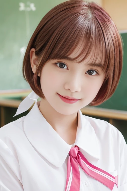 (best quality,4k,8k,highres,masterpiece:1.5),(ultra-detailed,realistic,photorealistic,photo-realistic:1.37),portrait,(looks ultra young Japanese girl,Incredibly Ultra Slim body:2.0),(cute breasts:1.25),(mesmerizingly beautiful face:1.5),((Close-up of her eyes:2.0)),(striking features,ultra cute and idol-like big smile:1.5),(distinctly expressive ultra beautiful eyes:2.0),beautifully shaped eyebrows,captivating gaze,delicately curved pale pink lips,pink lips,natural rosy cheeks,vibrant charm,flawless and fair skin,subtle shading,realistic rendering,(She is wearing a summer junior high school uniform:1.5),(White shirt:1.5),(Pink ribbon:1.5).(She has dark red hair:1.5),(ultra short hair:1.5),gently swaying,golden rays of sunlight gently illuminating the scene,elegant and graceful posture,creating a tranquil and serene atmosphere. She's in the classroom.