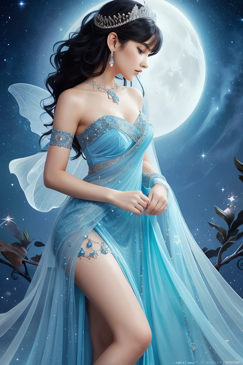 In the quiet stillness of the night, a black haired fairy of the moon sits upon her shimmering bedazzled crescent throne, her eyes alight with wonder as she watches a single star shoot across the sky. The stellar winds blow hot and cold, carrying her thoughts and dreams to the far reaches of the universe, much jewelry, topiary, filigree, beautiful silken dress, lacey accessories, time, full beautiful hair, beautiful eyes, swirling curling twirling beautiful fluffy hair, light blue gown,