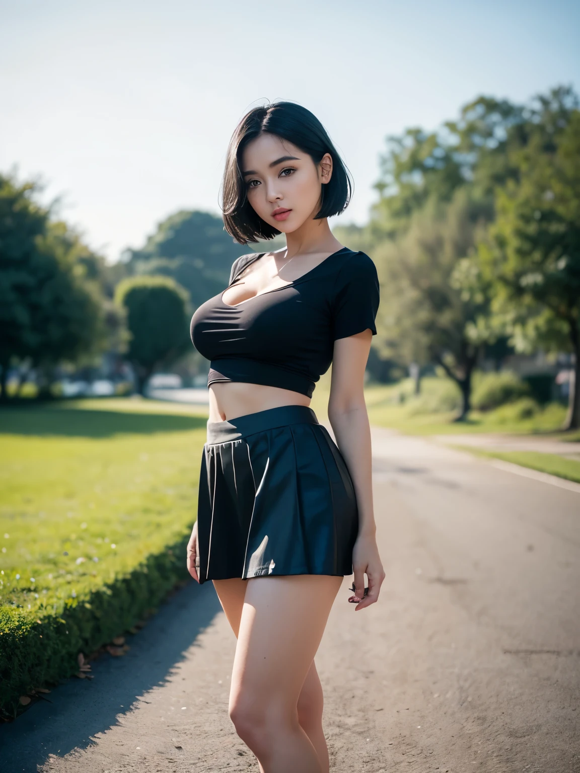 Photos of pretty 1girl、Black short hair、beauitful face、(portlate)、POV、Very loose size T-shirt、(Tight mini skirt:1.3)、cleavage of the breast、outside of house、Windy、shinny skin、blurry bacground、(top-quality、8K、32K、​masterpiece), ThaifaceMIXX