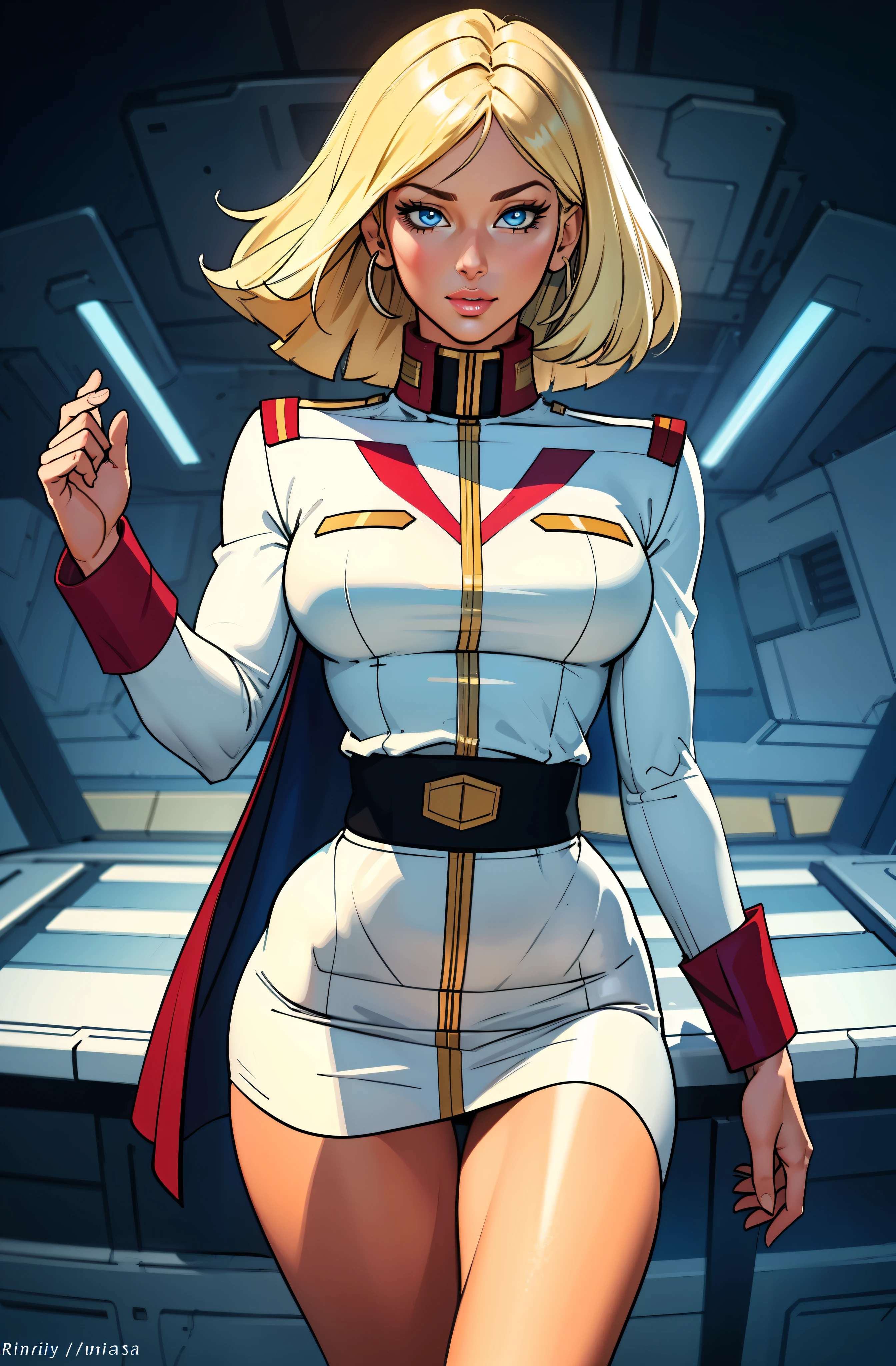 ((masterpiece)), ((cinematic lighting)), realistic photo、Real Images、Top image quality、1girl in, sayla mass, Elegant, masterpiece, Convoluted,Ultra mini skirt、wide hips, thick thighs, Best Quality, absurderes, high face detail, Perfect eyes, mature, Cowboy Shot, , Vibrant colors, White uniform, Skirt,