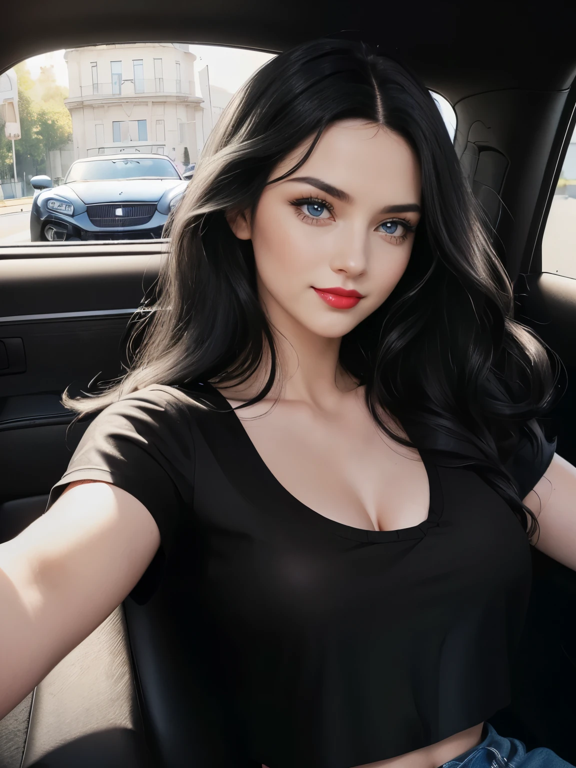 Caucasian woman, (((((black hair))))), (((black hair)), wavy hair, long hair, blue eyes, lined eyes, shiny eyes, highlights blue eyes, red lipstick, makeup, smile, athletic body, medium breasts, ((((black top)))), Low-cut top, (driving car), in car, Front shot.