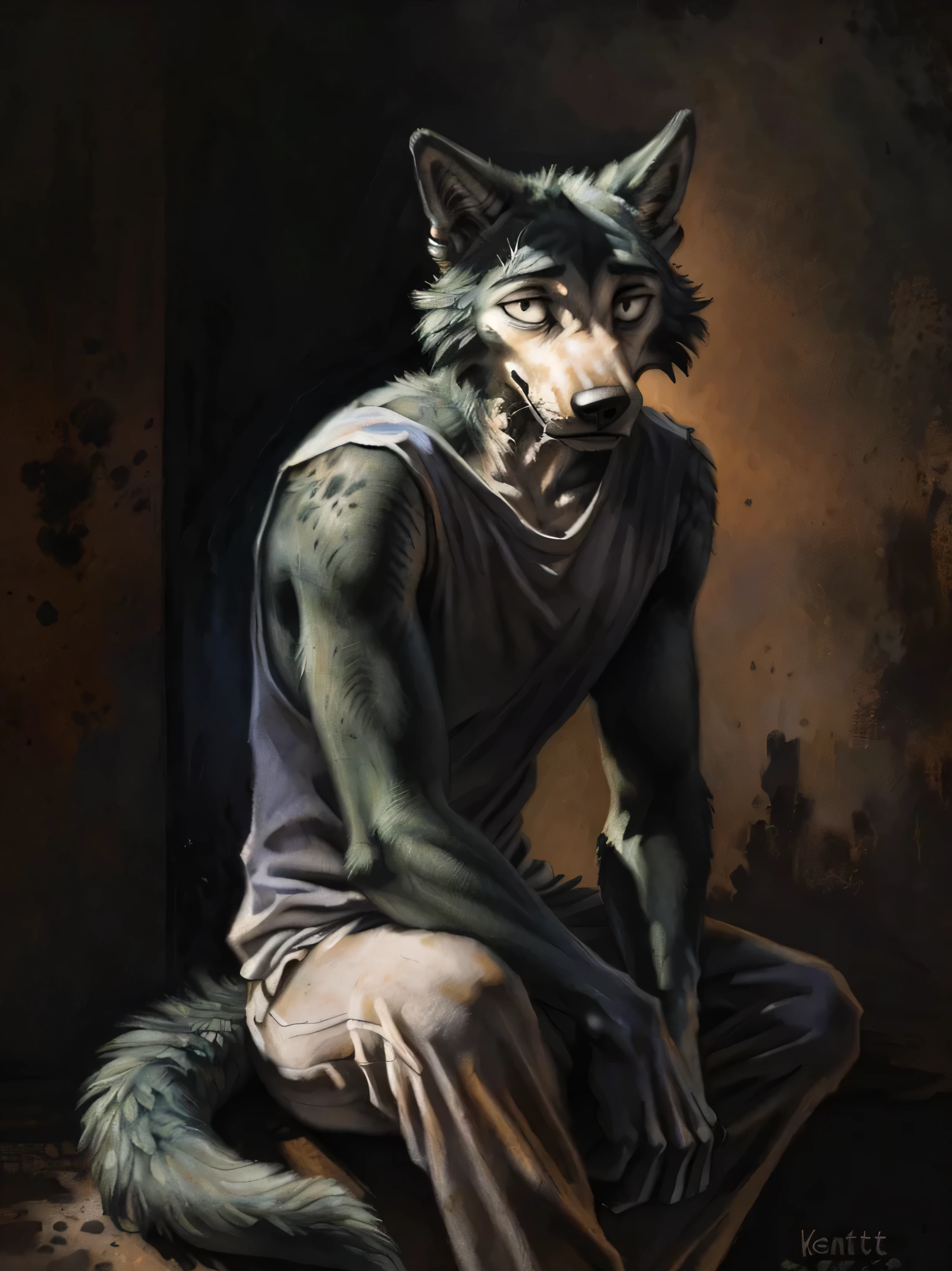 legoshi (beastars), (solo), male, anthro, (by Blotch, by kenket), (tail:1.3), sitting on the floor in darkness, (grey sweat pants), tank top, (perfect hands), depressed expression, (dark apartment background, gloomy, sad atmosphere), realistic shading, dark lighting, powerful silhouette, mysterious shadows, night scene, (epic, masterpiece, high quality, 8k, ultra HD, absurd res, top quality, best quality, max quality, masterpiece), looking directly at camera, head on, 