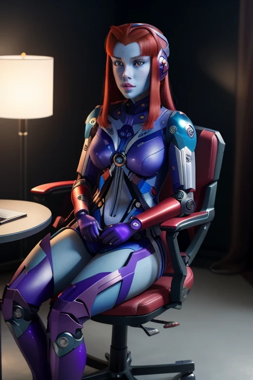 masterpiece, best quality, CG, wallpaper, HDR, high quality, high-definition, extremely detailed, mind control device, 1best quality, masterpiece, 1girl , melda deitz, (((blue skin:1.1))), ahoge, red hair, purple bodysuit, spacesuit,, headset, sitting, helmet, wires, tubes, covered face, bdsm, tied to chair,