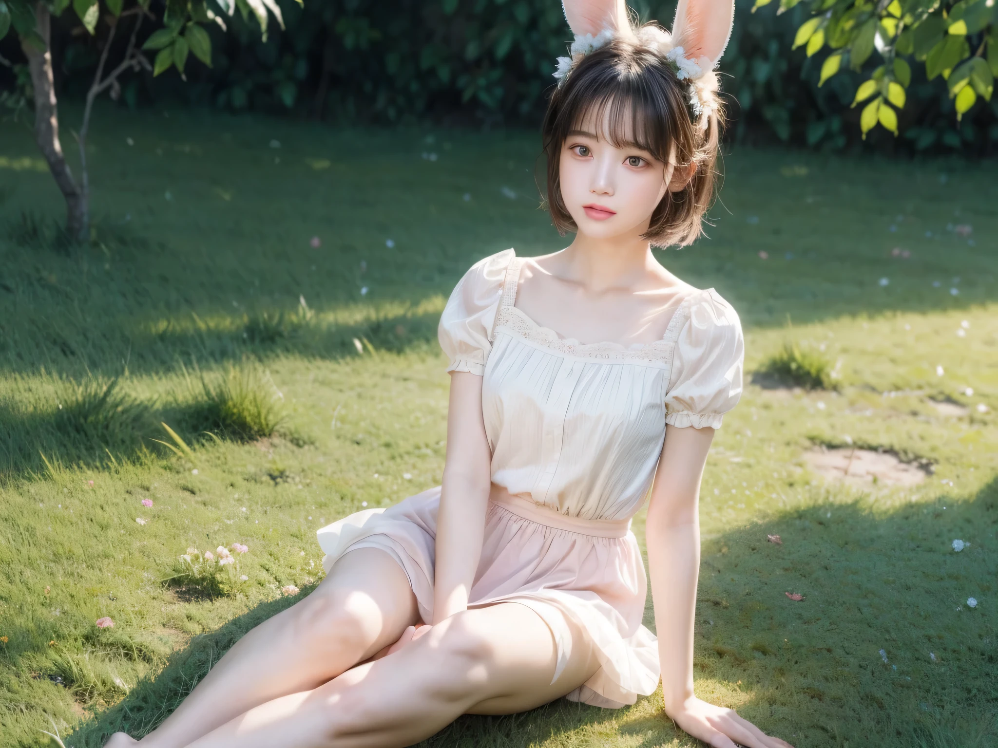 ((masterpiece, best quality)),1 Girl, Solitary, animal ears, rabbit, barefoot, skirt, sitting, rabbit ears, Short sleeve, (Teasing, Shy, blush: 1.3), Looking at the audience, Grass, short hair, White hair, Puff sleeves, outdoor, fluffy Short sleeve, Bangs, on the ground, whole body, animal, White Dress, Sunlight, Brown eyes, mottled Sunlight, daytime,