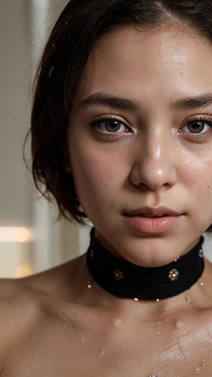 (highest quality, 8k, 32k, masterpiece, Ultra-high resolution: 1.2), Cute beautiful girl photo, princess pictures、A boyish and healthy beautiful girl、Obedient girl、Very short hair, Upper Body, Focus on the eyes,(Highly detailed skin texture、Beautiful Eyes、Detailed eyes)、(sweaty skin texture)、Tired and sleepy expression、 choker, Close-up of face、Micro Bikini、(Improve the quality of your lighting)、