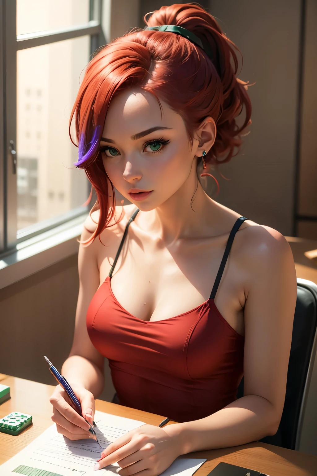 A young woman sits at her table, red mini dress, pen and paper in front of her, colorful hair in a ponytail, green eyes, dice lying on the table