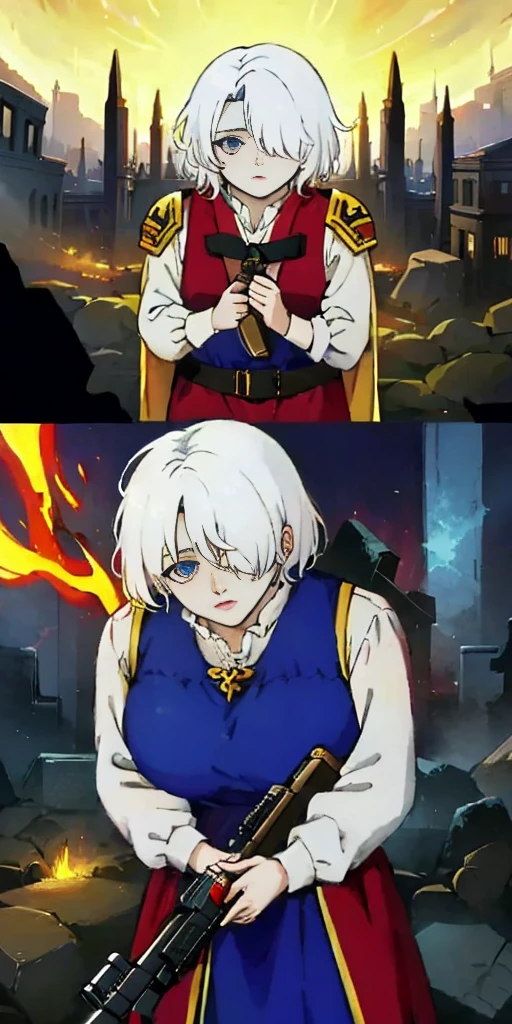 (masterpiece:1.2), (best quality:1.2), perfect eyes, perfect face, perfect lighting, 1girl, mature whsororitas with a laser rifle in her hands, scar over one eye, eyepatch, red tabard, white hair, warhammer 40k, chaos, fire, scifi, detailed ruined city background, power armor