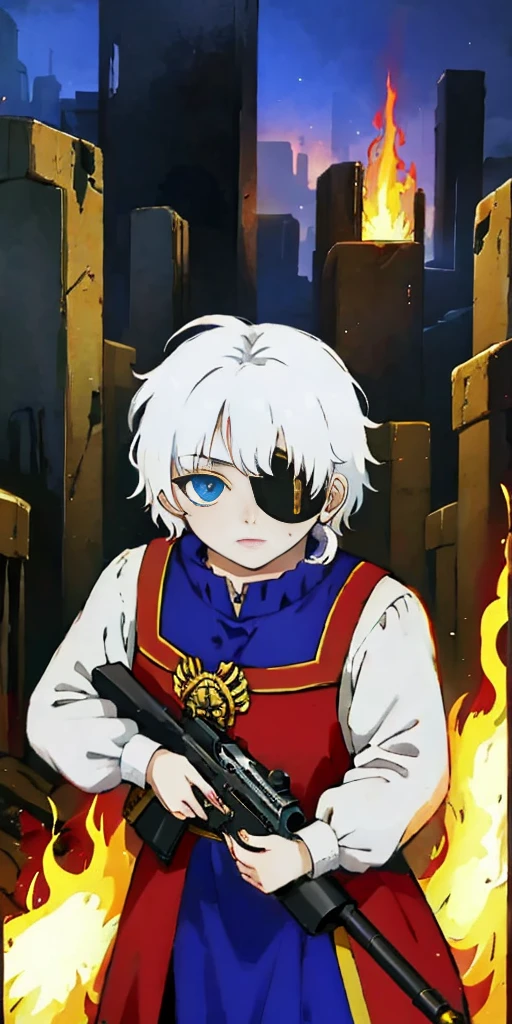 (masterpiece:1.2), (best quality:1.2), perfect eyes, perfect face, perfect lighting, 1girl, mature whsororitas with a laser rifle in her hands, scar over one eye, eyepatch, red tabard, white hair, warhammer 40k, chaos, fire, scifi, detailed ruined city background, power armor