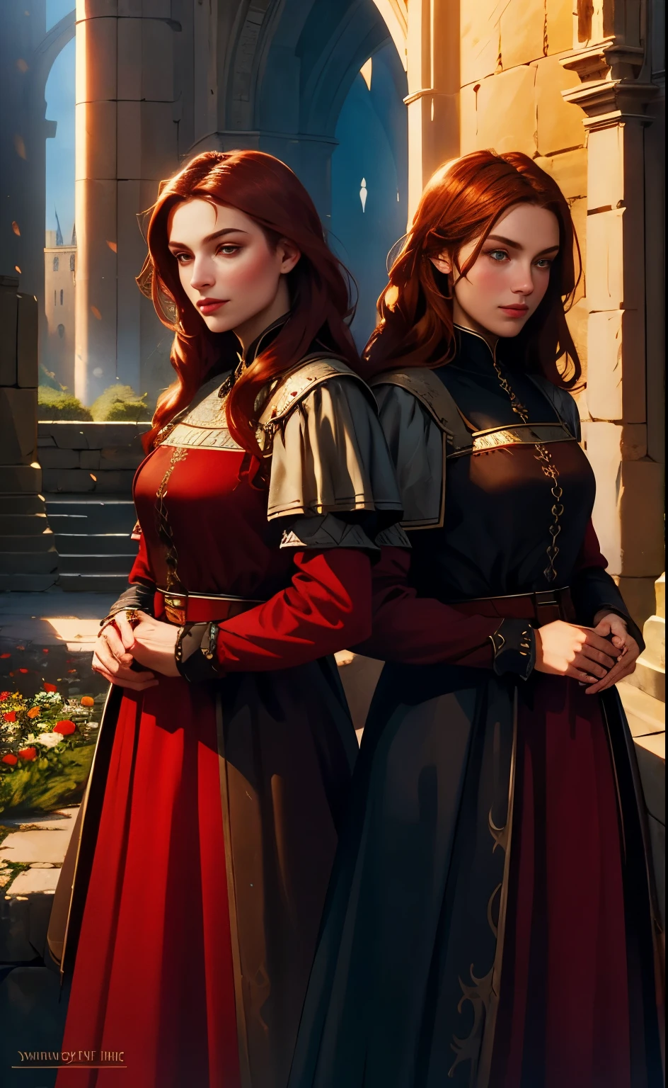 dark fantasy, dark empire, 16th century, light shades, flowers, girls 23 years old, of European origin, twins, brown-eyed, with scarlet hair, in simple medieval dresses, on the background of a castle made of light stone, hd
