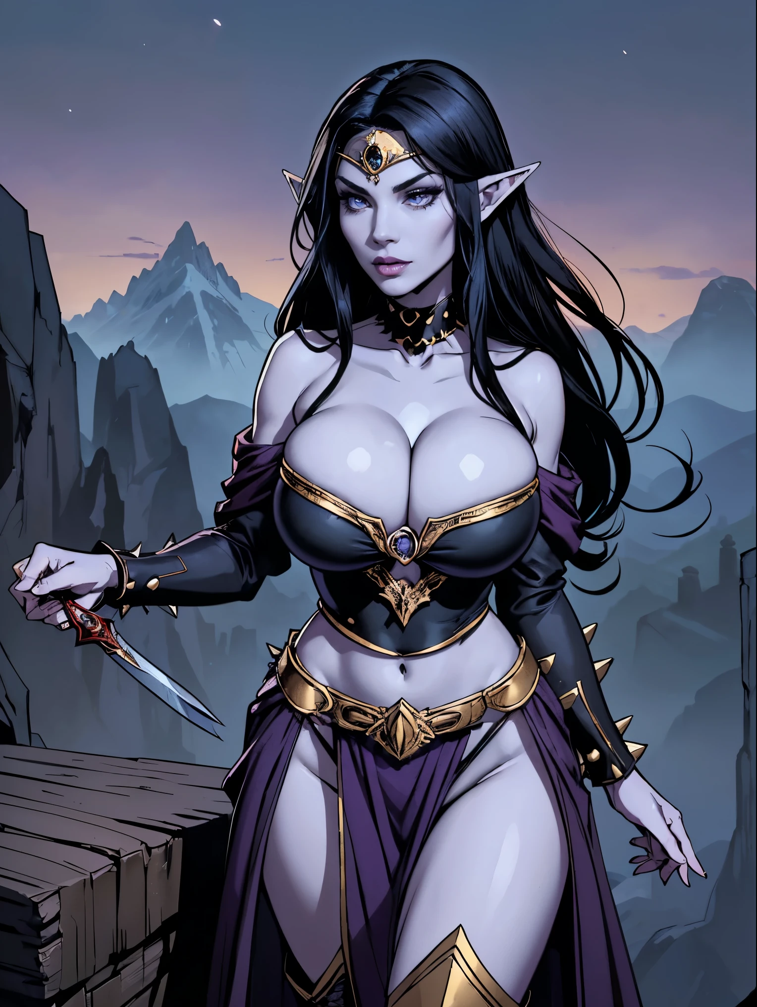 (masterpiece, top quality, best quality, official art, beautiful and aesthetic:1.2), (1girl:1.3), ((Sharp facial features, sharp features, hawkish features)), ((big hair, long elf ears, long black hair)), (((pale purple skin, pale blue skin, blue skin, purple skin))), big tiddy dark elf girl, extremely detailed, portrait, looking at viewer, solo, (full body:0.6), detailed background, full-body shot, (cold night mountain theme:1.1), dark elf war dancer, (spiky winged headdress), charlatan, smirk, mysterious, swaying in mountains, skimpy attire, revealing gladiatrix costume, ebony metal, gold filigree, gold bikini, circlet, metal bikini, long boots, dual knives, (blood red fabric, pelvic curtain, loincloth), black leather, ((((gigantic breasts, cleavage, skindentation, long legs)))), cute belly button, toned tummy, slim waist, slim hips, long legs, medieval (mountain exterior:1.1) background, dark mysterious lighting, shadows, magical atmosphere, dutch angle
