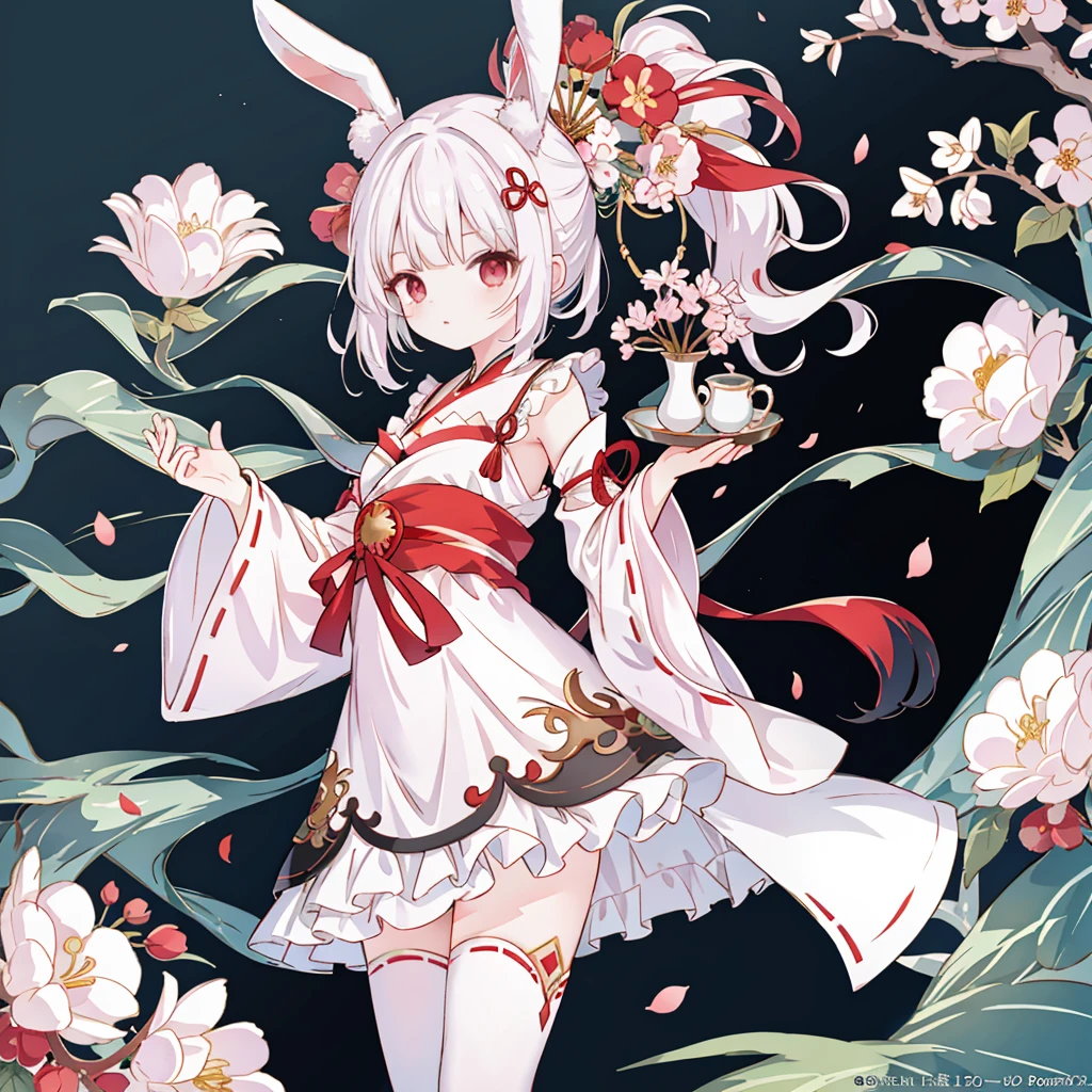 （tmasterpiece，best qualtiy：1.2），illustratio，absurderes，A high resolution，The is very detailed，1  girl，with short white hair，bunny ears，red eyes，eyes highlights，Hanfu，shift dresses，Short fluffy sleeves，frilld，exteriors，blossoms，Fluttering petals，The upper part of the body，（themoon：1.2），the night，depth of fields，（:d：0.8），