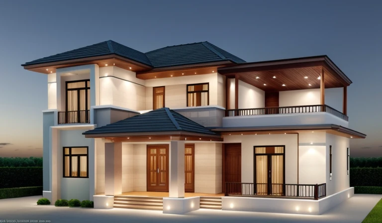 Realistic, hyper detail, 1 morden house, 1 road infront of the house, night light, light from indoor:1.3, few red flower, main maerial about white wall and wooden cladding
