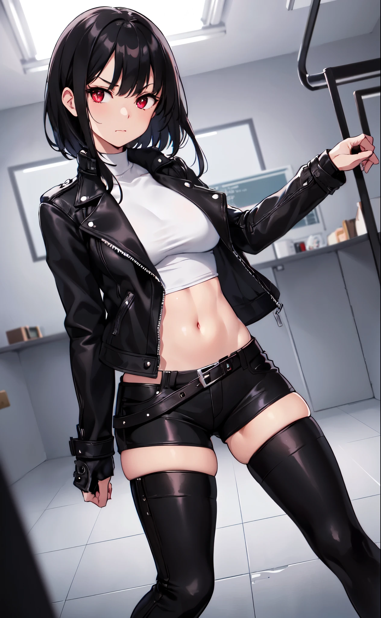 (best quality,high resolution,Beautiful detailed eyes,White lighting:1.2),red eyes, black hair, short boots, bangs, frowning, contempt, black hair, leather jacket, shirt, black ripped pants, thighs, sidelocks, classroom, standing