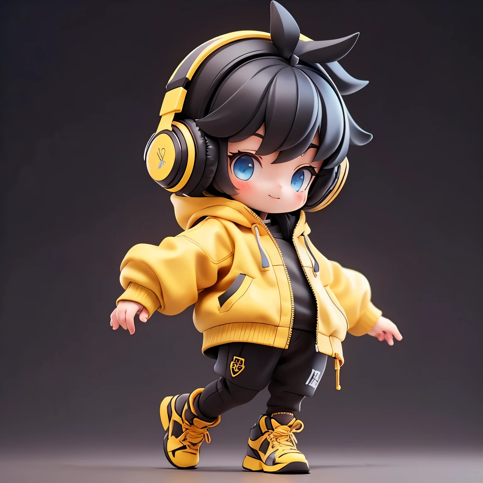 (a girl with short hair, a yellow jacket, black clothes, black hair, blue eyes, a simple background, wearing yellow headphones, matte blind box) (best quality), (vivid colors),Happy expression,Jump up