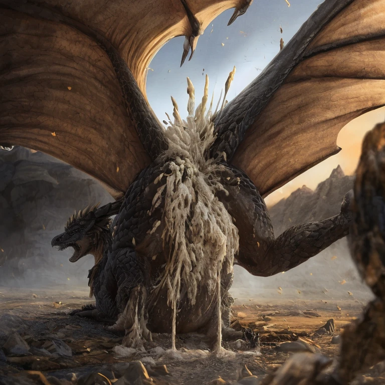 photorealistic, solo, (((lying on stomach, feral dragon, excessive white feces, screaming)))), hyper realistic, cinematic colors, cinematic lighting, incredible detail, 16k resolution, award winning photography, ((((feral, rear view)))), ((((rear view, ass up))))
