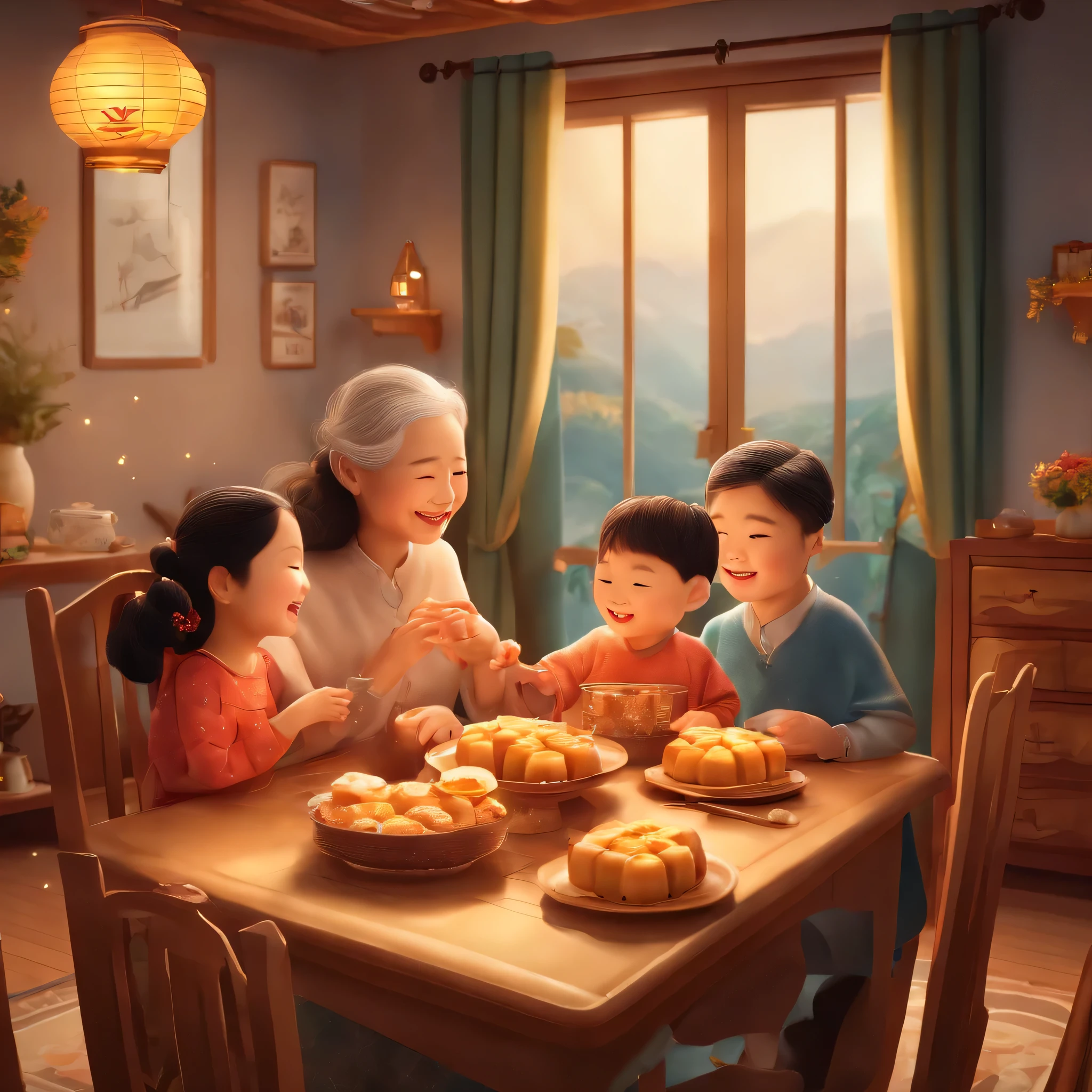 (top-quality、8K、tmasterpiece:1.3)、Full moon and stars in sky illustration,The family sits together eating mooncakes,Mom and dad laugh with the kids,Grandpa and grandma laughed together, Have in the living room、Bright house scene,extremely detailed face and skin,Heartwarming scene,perfect detail