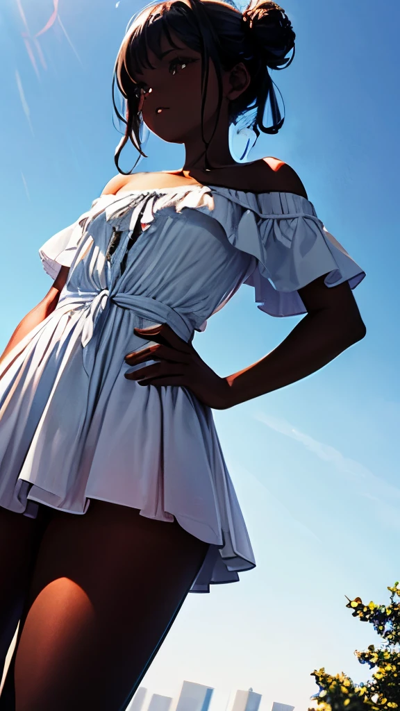 girl, white clothes, off-the-shoulder blouse, layered skirt, small bust, small hips, black hair tied in two buns, dark skin, view from below, upskirt, morning walk on the park