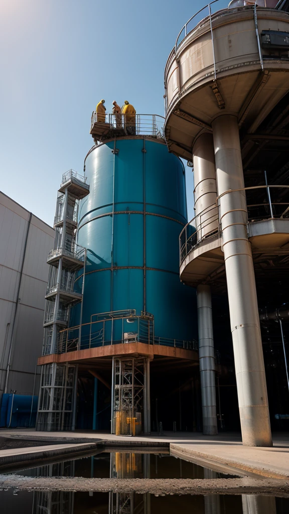 Create an image of landscape photography, huge water tanks in blue color, bright sky, environmental portrait, engineering portrait, worksafe. instagram photo, people at work, water industries, engineering, corporate photo, industrial photo, look at the details. 