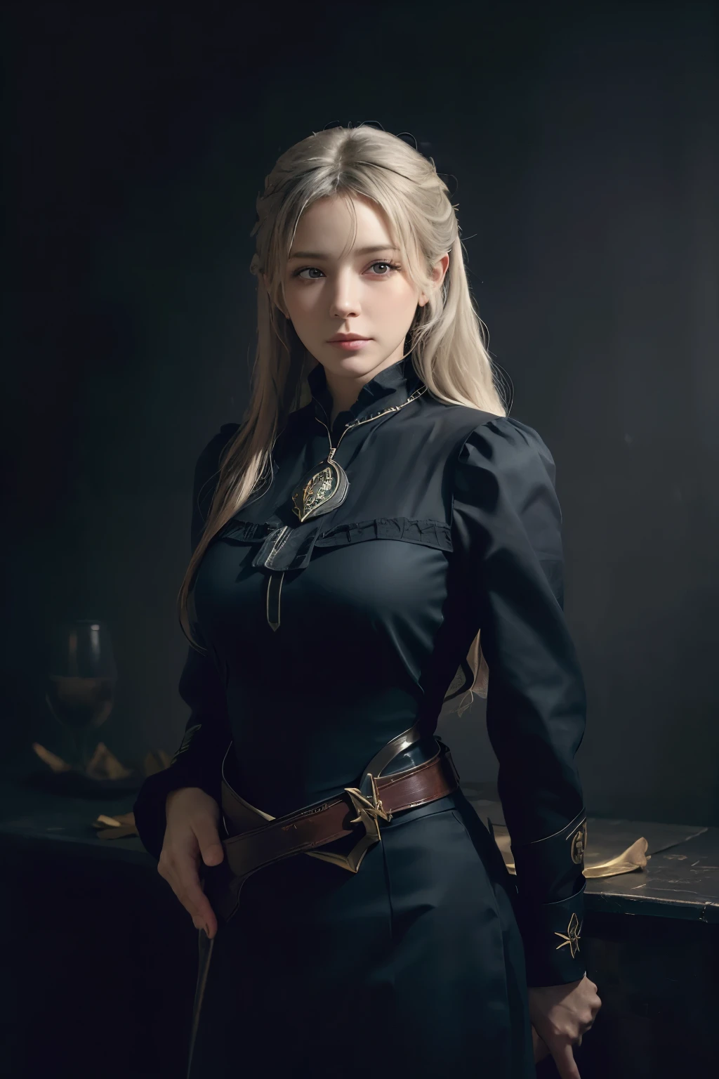 (front focus), (in the dark:1.6), Hyperrealist portrait of female by david hockney and alphonse mucha, fantasy art, photo realistic, dynamic lighting, artstation, poster, volumetric lighting, very detailed faces, 4 k, award winning, 1girl, in the dark, deep shadow, low key, cowboy shot, (official clothing:1.4), long hair, white hair